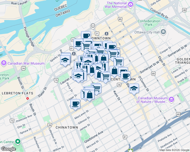map of restaurants, bars, coffee shops, grocery stores, and more near 283 Nepean Street in Ottawa
