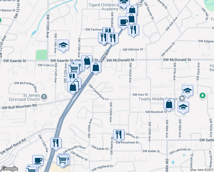 map of restaurants, bars, coffee shops, grocery stores, and more near 10775 Southwest Canterbury Lane in Tigard