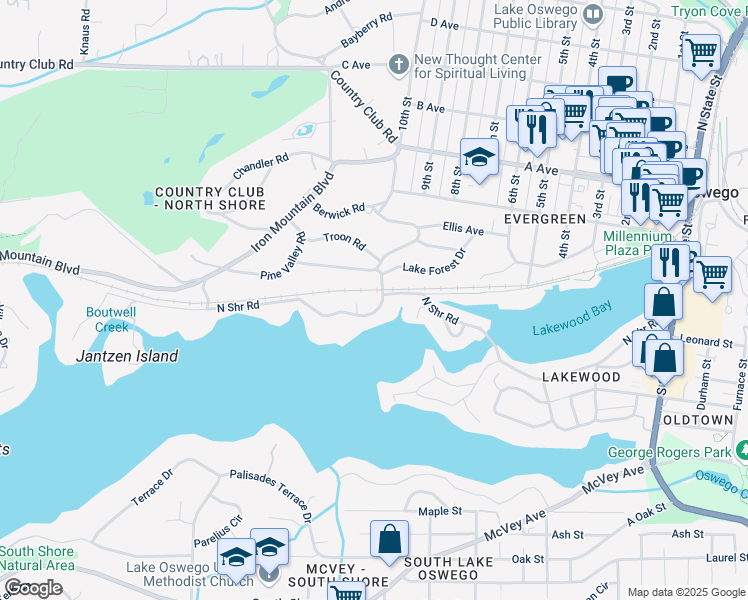map of restaurants, bars, coffee shops, grocery stores, and more near 1024 Northshore Road in Lake Oswego