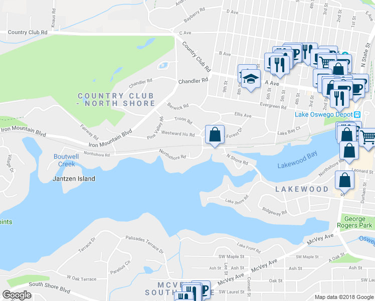 map of restaurants, bars, coffee shops, grocery stores, and more near 1070 Northshore Road in Lake Oswego