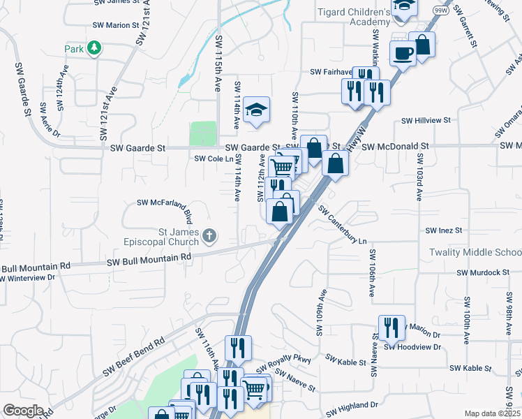 map of restaurants, bars, coffee shops, grocery stores, and more near in Tigard