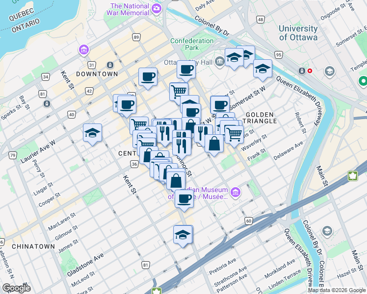 map of restaurants, bars, coffee shops, grocery stores, and more near in Ottawa