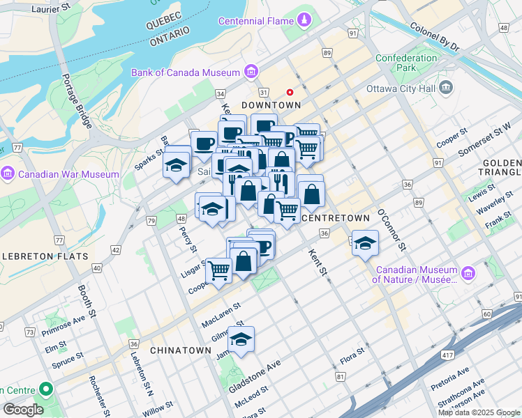 map of restaurants, bars, coffee shops, grocery stores, and more near in Ottawa