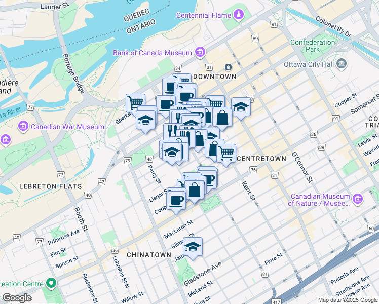 map of restaurants, bars, coffee shops, grocery stores, and more near 470 Laurier Avenue West in Ottawa