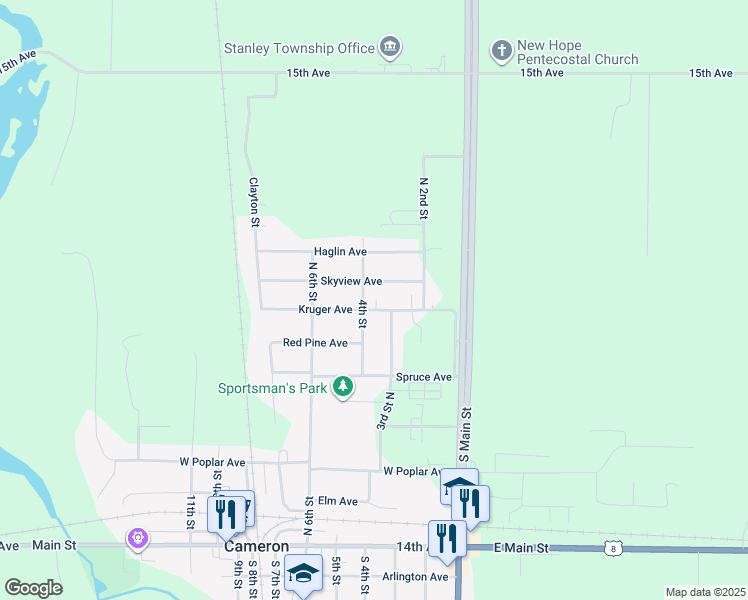map of restaurants, bars, coffee shops, grocery stores, and more near 615 3rd Street North in Cameron