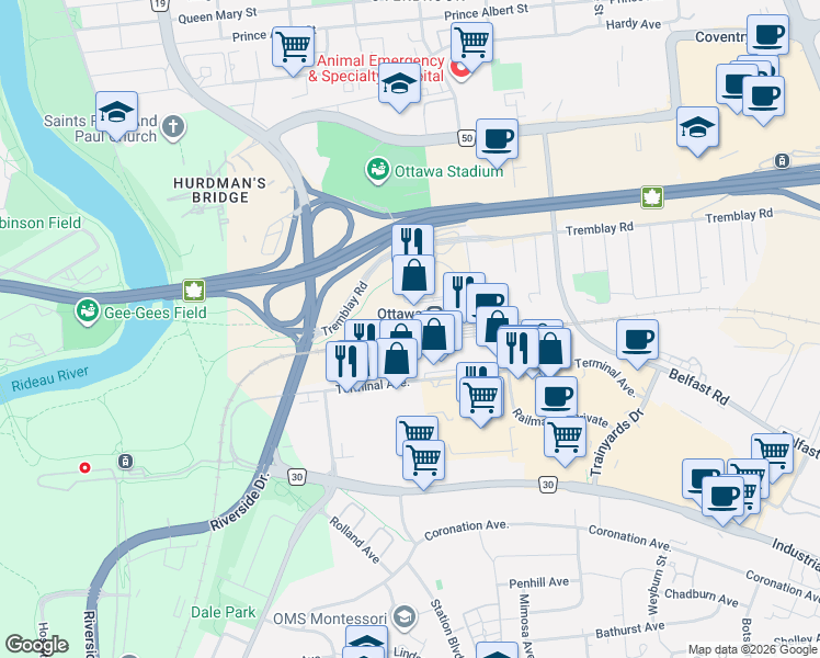 map of restaurants, bars, coffee shops, grocery stores, and more near 200 Tremblay Road in Ottawa
