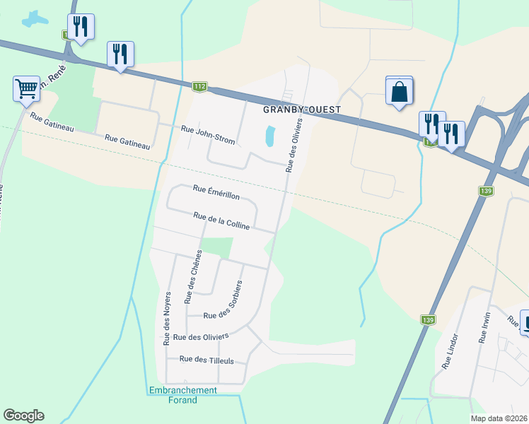 map of restaurants, bars, coffee shops, grocery stores, and more near 1199 Rue de l'Émérillon in Granby