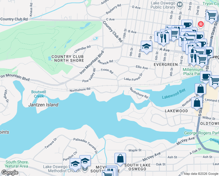 map of restaurants, bars, coffee shops, grocery stores, and more near 1070 Northshore Road in Lake Oswego