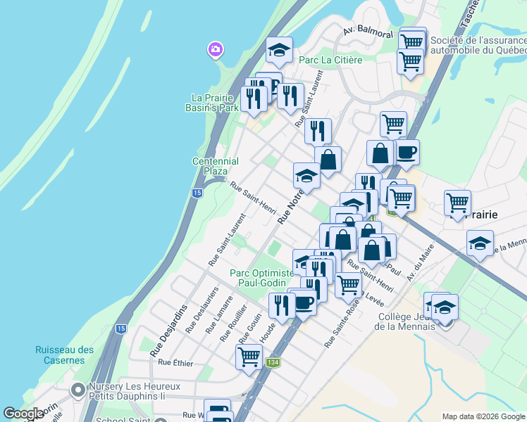 map of restaurants, bars, coffee shops, grocery stores, and more near 260 Rue Saint-Henri in La Prairie