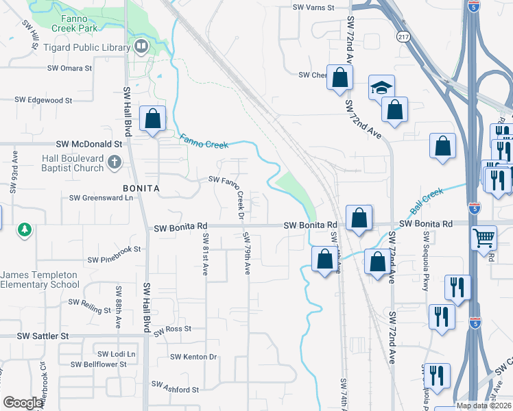 map of restaurants, bars, coffee shops, grocery stores, and more near 7838 Southwest Brookline Lane in Tigard