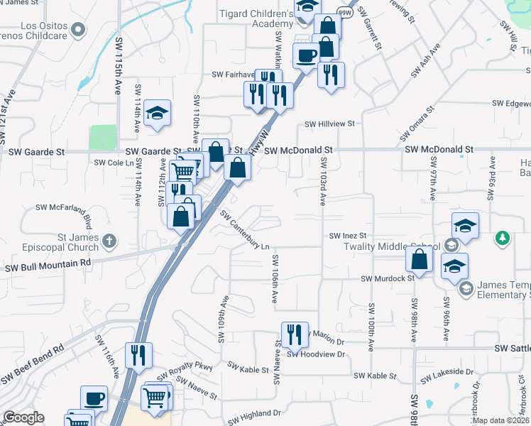 map of restaurants, bars, coffee shops, grocery stores, and more near 10775 Southwest Canterbury Lane in Tigard