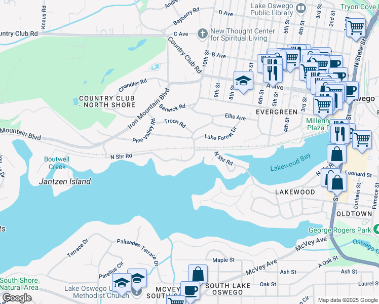 map of restaurants, bars, coffee shops, grocery stores, and more near 1024 Northshore Road in Lake Oswego