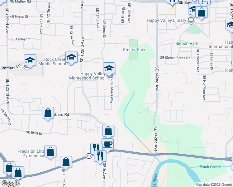 map of restaurants, bars, coffee shops, grocery stores, and more near 14745 Southeast Wind Song Place in Clackamas