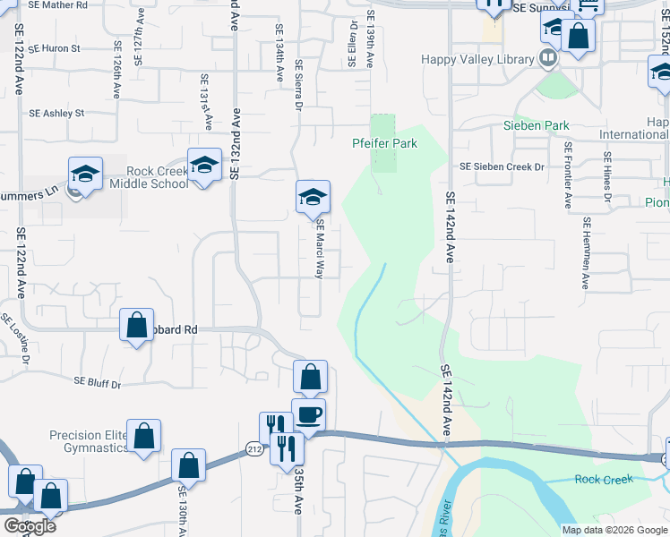 map of restaurants, bars, coffee shops, grocery stores, and more near 14745 Southeast Wind Song Place in Clackamas