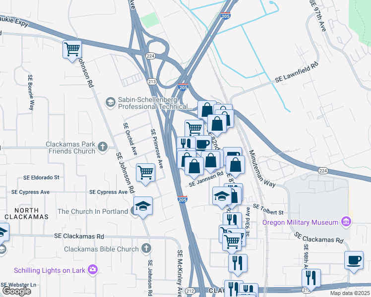 map of restaurants, bars, coffee shops, grocery stores, and more near 8810 Southeast Herbert Court in Clackamas