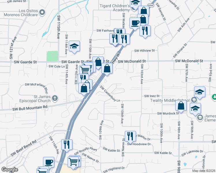 map of restaurants, bars, coffee shops, grocery stores, and more near 10800 Southwest Canterbury Lane in Portland