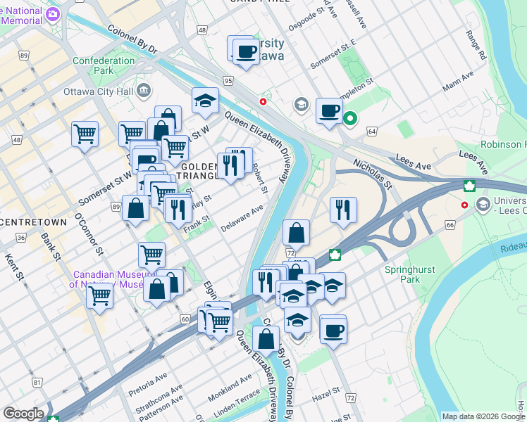 map of restaurants, bars, coffee shops, grocery stores, and more near 4 Delaware Avenue in Ottawa