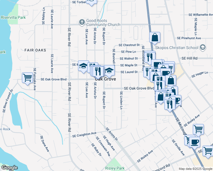 map of restaurants, bars, coffee shops, grocery stores, and more near 14808 Southeast Rupert Drive in Milwaukie