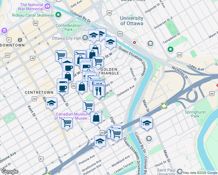 map of restaurants, bars, coffee shops, grocery stores, and more near in Ottawa