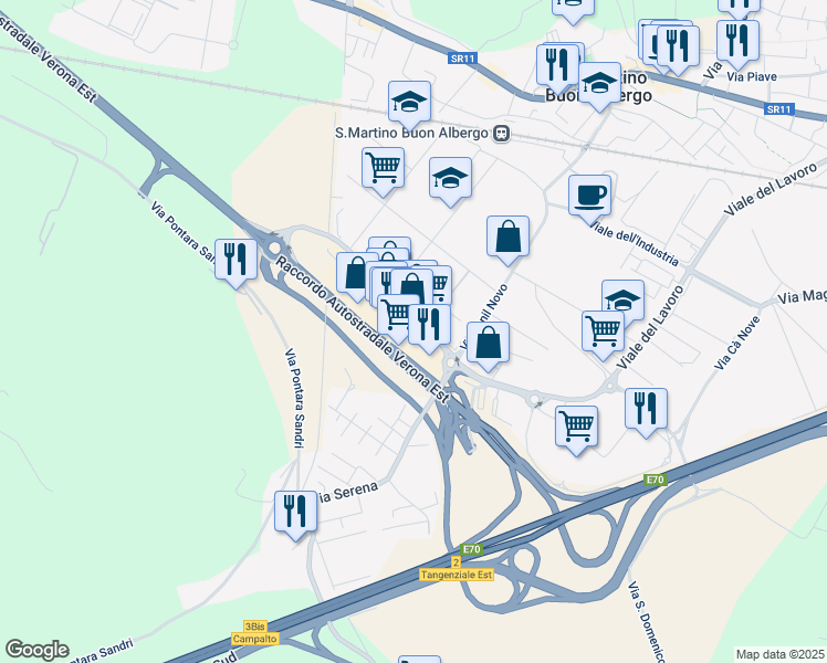 map of restaurants, bars, coffee shops, grocery stores, and more near 35 Viale del Lavoro in San Martino Buon Albergo