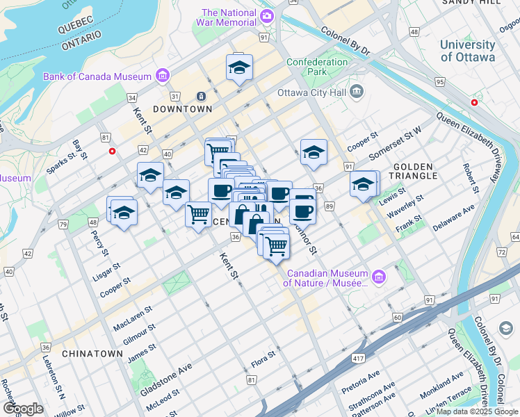 map of restaurants, bars, coffee shops, grocery stores, and more near in Ottawa