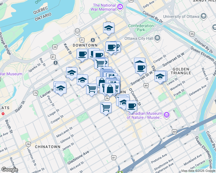 map of restaurants, bars, coffee shops, grocery stores, and more near 250 Bank Street in Ottawa