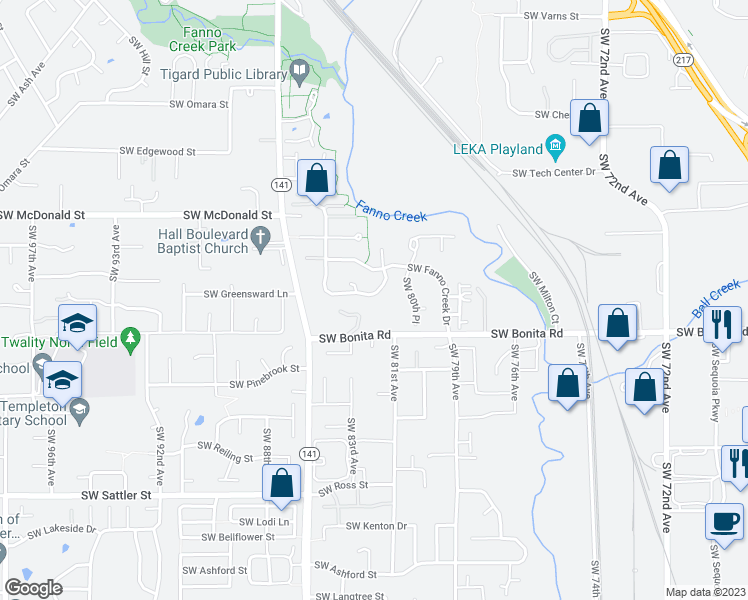 map of restaurants, bars, coffee shops, grocery stores, and more near 14280 Southwest Fanno Creek Loop in Tigard