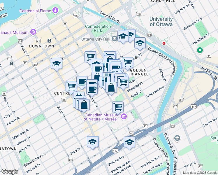 map of restaurants, bars, coffee shops, grocery stores, and more near 233 Gilmour Street in Ottawa