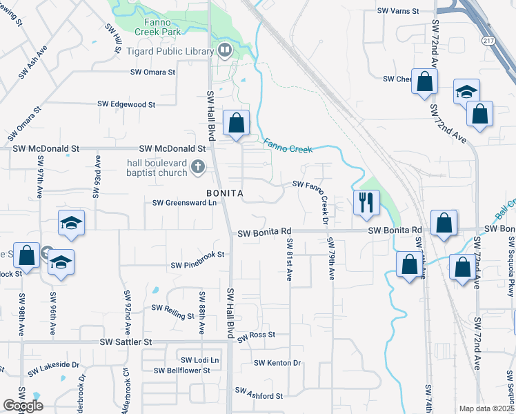 map of restaurants, bars, coffee shops, grocery stores, and more near 14363 Southwest Fanno Creek Court in Tigard