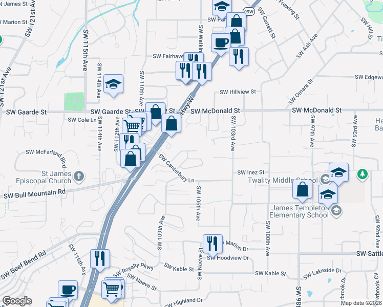 map of restaurants, bars, coffee shops, grocery stores, and more near 10813 Southwest Canterbury Lane in Tigard