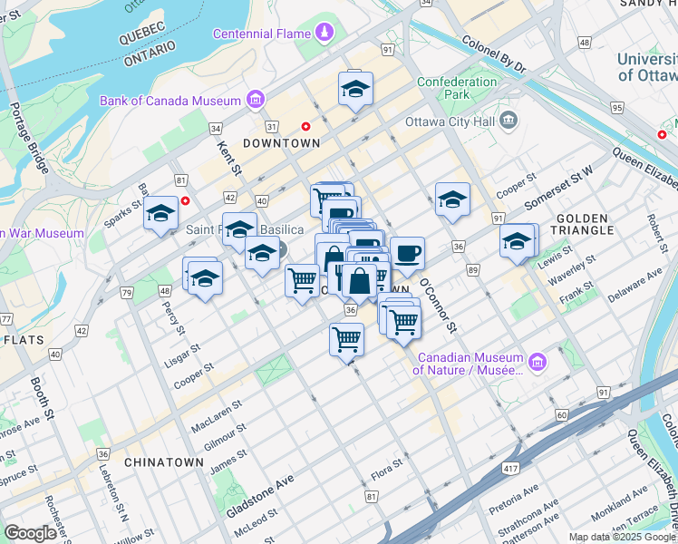 map of restaurants, bars, coffee shops, grocery stores, and more near in Ottawa