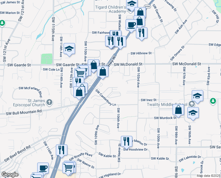 map of restaurants, bars, coffee shops, grocery stores, and more near 10743 Southwest Canterbury Lane in Tigard