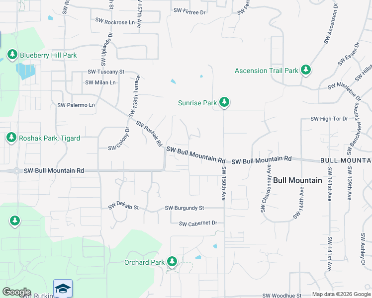map of restaurants, bars, coffee shops, grocery stores, and more near 15400 Southwest Bull Mountain Road in Portland