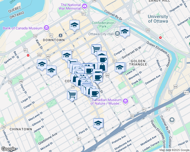 map of restaurants, bars, coffee shops, grocery stores, and more near 332 Somerset Street West in Ottawa