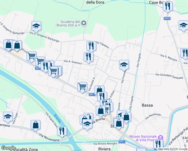 map of restaurants, bars, coffee shops, grocery stores, and more near 15 Via Dante A. in Stra