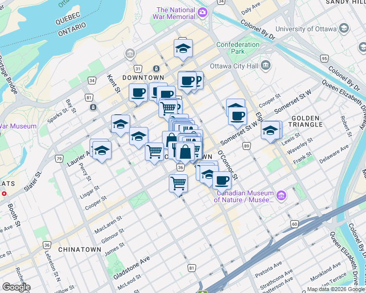 map of restaurants, bars, coffee shops, grocery stores, and more near 250 Bank Street in Ottawa