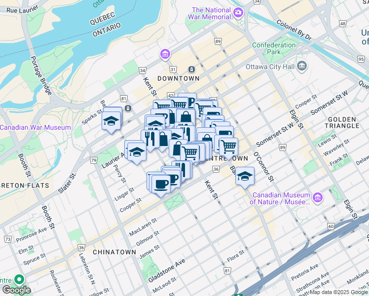 map of restaurants, bars, coffee shops, grocery stores, and more near 423 Lisgar Street in Ottawa