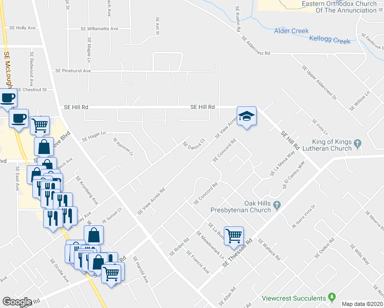 map of restaurants, bars, coffee shops, grocery stores, and more near 4403 Southeast View Acres Road in Portland