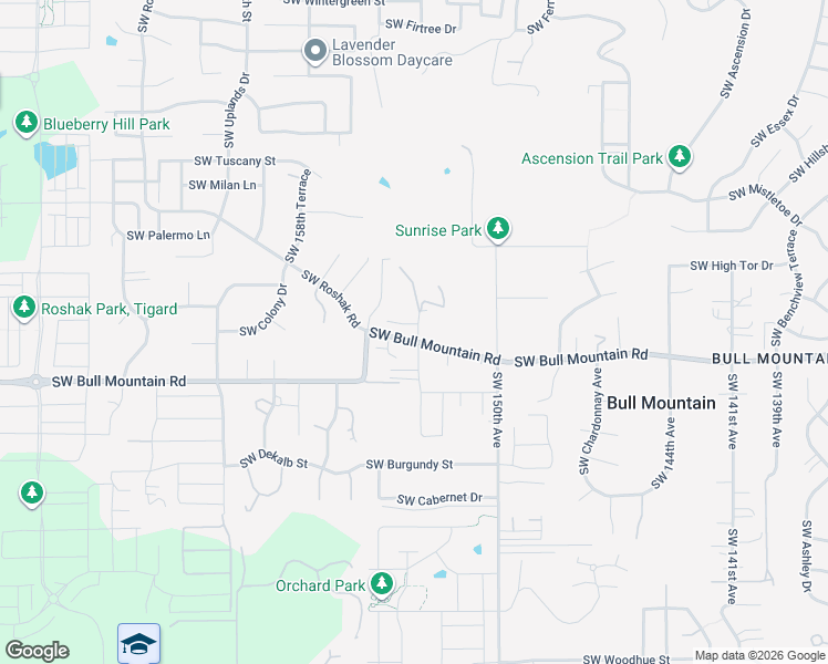 map of restaurants, bars, coffee shops, grocery stores, and more near 15400 Southwest Bull Mountain Road in Portland