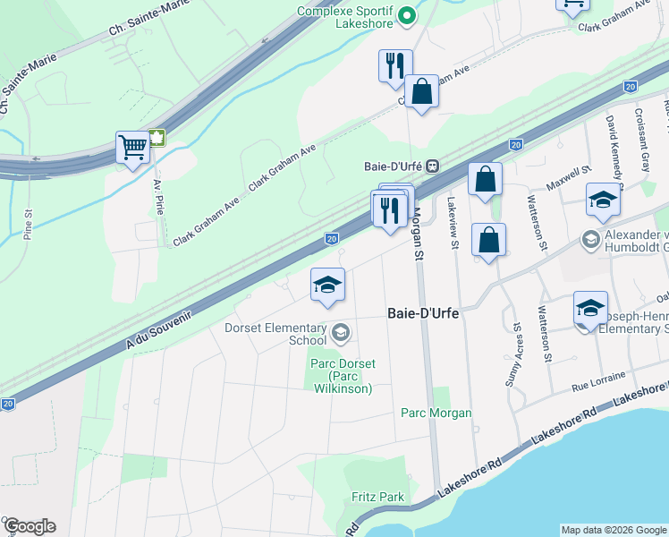 map of restaurants, bars, coffee shops, grocery stores, and more near 102 Croissant Mcbride in Baie-d'Urfé