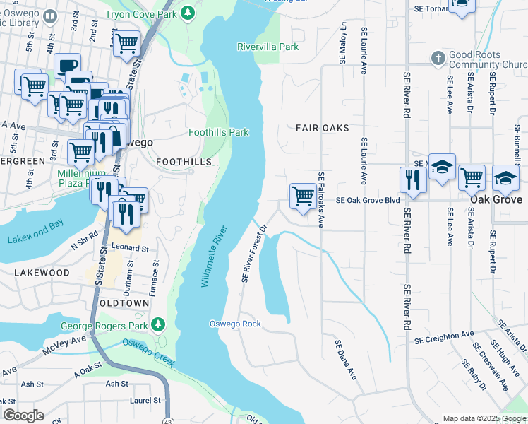 map of restaurants, bars, coffee shops, grocery stores, and more near 14815 Southeast River Forest Drive in Milwaukie