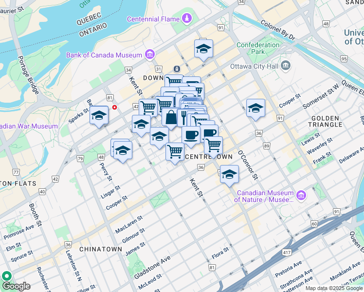 map of restaurants, bars, coffee shops, grocery stores, and more near 375 Lisgar Street in Ottawa
