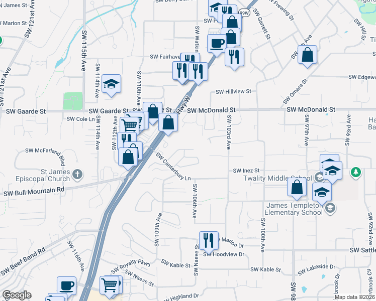 map of restaurants, bars, coffee shops, grocery stores, and more near 10813 Southwest Canterbury Lane in Tigard