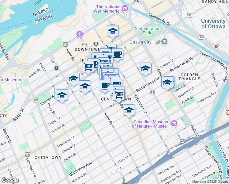 map of restaurants, bars, coffee shops, grocery stores, and more near 251 Bank Street in Ottawa