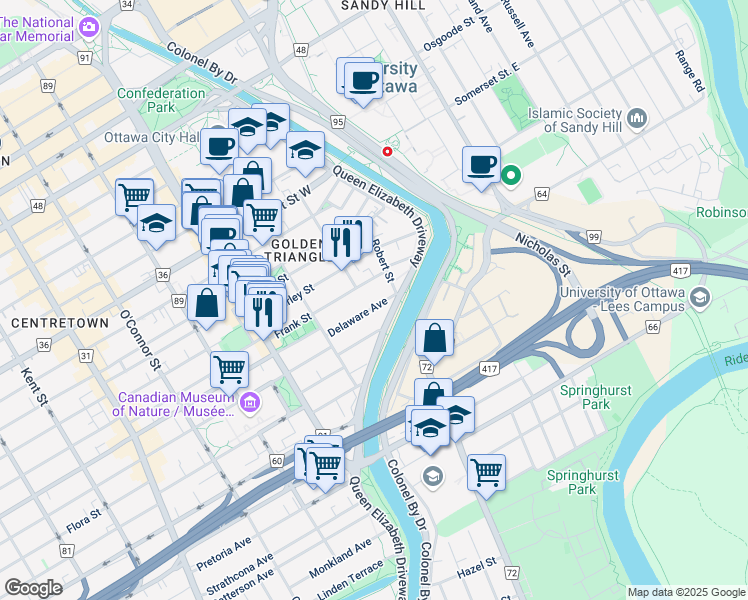 map of restaurants, bars, coffee shops, grocery stores, and more near in Ottawa
