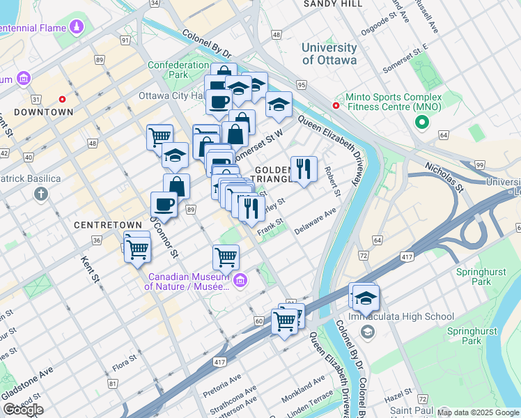 map of restaurants, bars, coffee shops, grocery stores, and more near in Ottawa