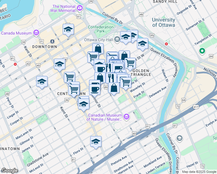 map of restaurants, bars, coffee shops, grocery stores, and more near in Ottawa