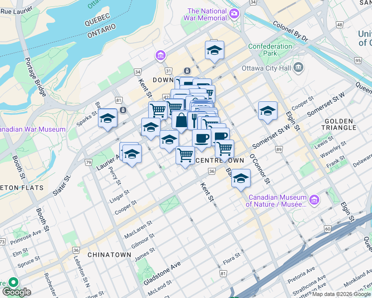 map of restaurants, bars, coffee shops, grocery stores, and more near in Ottawa