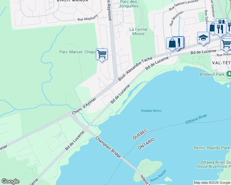 map of restaurants, bars, coffee shops, grocery stores, and more near 150 Boulevard de Lucerne in Gatineau