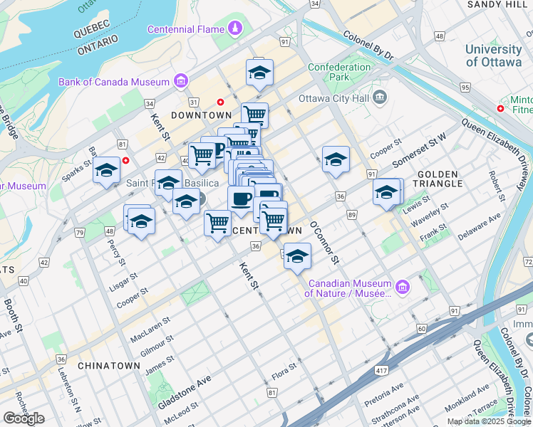 map of restaurants, bars, coffee shops, grocery stores, and more near in Ottawa